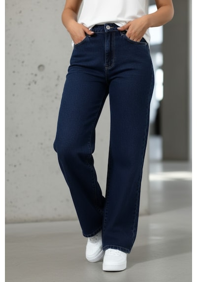 Woddi Nova Kadın Yüksek Bel Lacivert Salaş Jeans Wide Leg Geniş Paça Palazzo Kot Pantolon