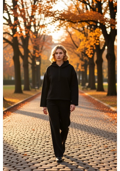 Benerly Kadın Kapüşonlu Düşük Kol Oversize Örme Sweatshirt Fonksiyonel Da siyah