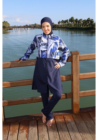 Estiva 26977 Lacivert Blue Motion Tam Kapalı Croplu Pantolonlu Tesettür Mayo