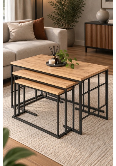 Sulorahome Kahverengi Çam Desenli 3'lü Sehpa Seti Atlantik Çam