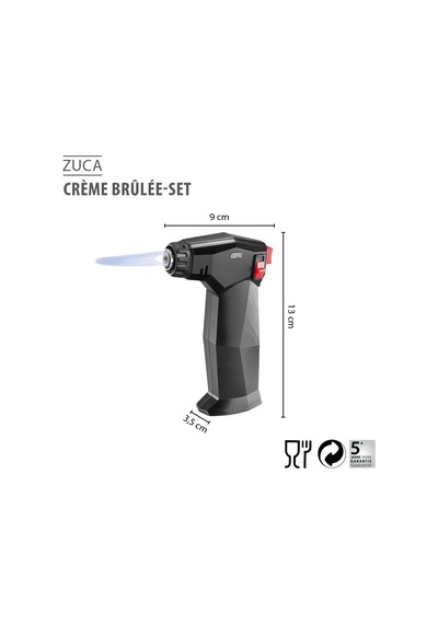 Ayrex Gefu Zuca Crème Brûlée Seti, 5 Parça, Alev Ayarlı Ve Çocuk Emniyetli Gazlı Brülör, 4 Seramik Kase, Ayak