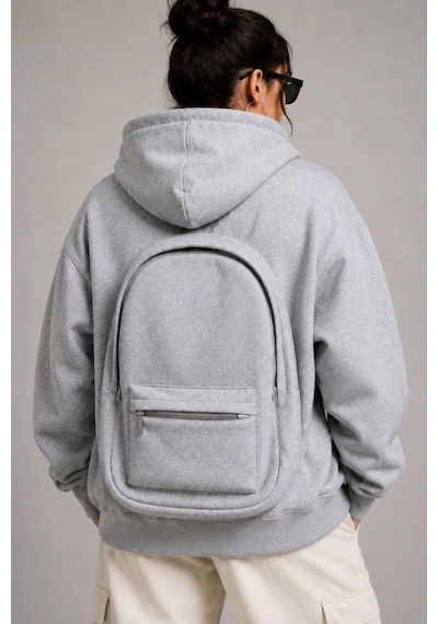 Kadın 3 İplik Şardonlu Tam Fermuarlı Kapüşonlu Arka Çanta Detaylı Sweatshirt - Gri