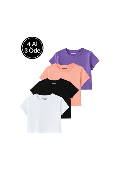 Kadın 4'lü Paket Oversize Crop Tişört %100 Pamuk Bisiklet Yaka T-shirt Çok Renkli