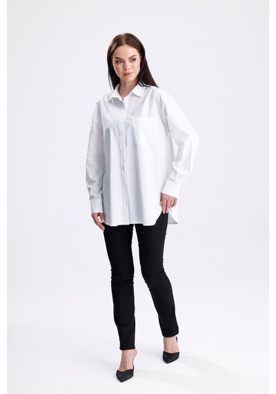 Sweetness Kadın Beyaz Oversize Likralı Pamuklu Cepli Uzun Kol Gömlek Beyaz