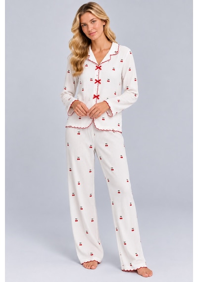 Pijamask Kadın Desenli Fiyonk Detaylı Düğmeli Uzun Kollu Müslin Pijama Takımı Beyaz