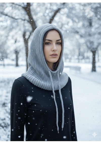 Kadın Kışlık Triko Örgü Balaklava Tesettür Başlık-şapka Gri