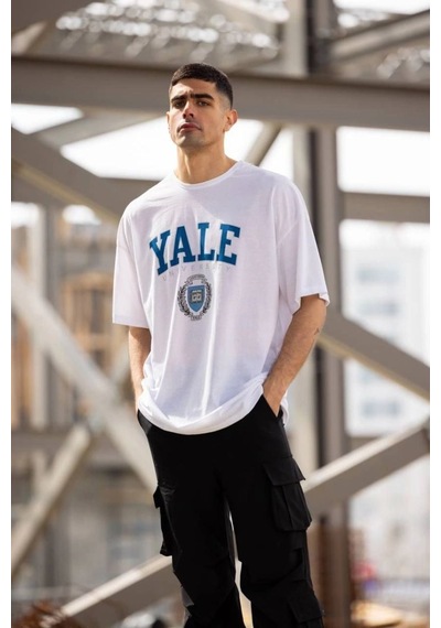 Erkek Kısa Kol Yazlık Tişört Bisiklet Yaka Yale Baskılı T-shirt - Beyaz