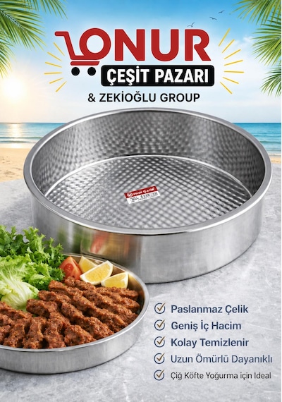 Paslanmaz Çelik Çiğ Köfte Tepsisi Leğen No : 0 Derinlik : 6 Cm Çapı: 36 Cm Bej