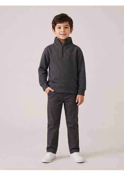 Zekids Çocuk Selanik Kumaş Yarım Fermuarlı Sweatshirt-17508 Füme