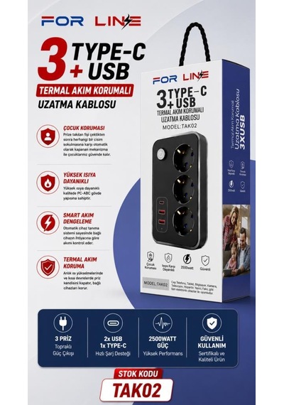 Forline 3 Soketli Type-c + 2 Usb Girişli 2metre Kablolu Akım Korumalı Grup Priz 2 M