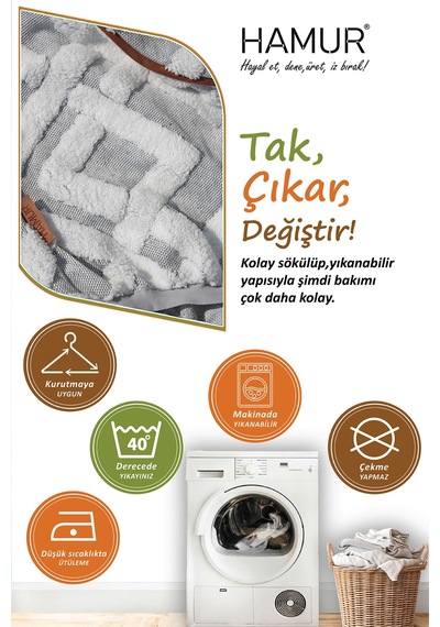 Yıkanabilir Puf Tabure Kılıfı Tak-Çıkar-Değiştir-Yenile Orta Sehpa Kılıfı 40x43 Mila Gri