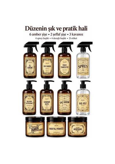 Alubrella 500 Ml 6 Amber Şişe, 2 Şeffaf Sprey Şişe Ve 3 Kapaklı Kavanoz Etiketli Mega Set