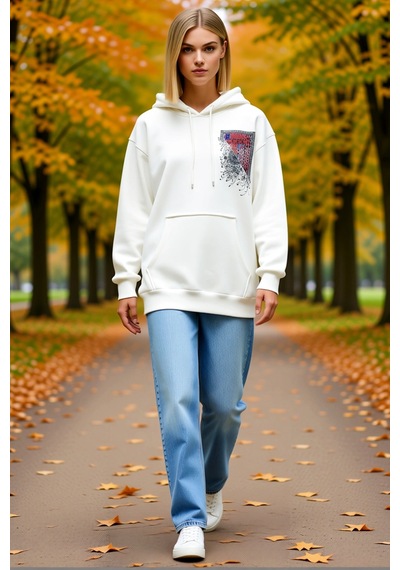 Ersefa Kadın Uzun Kol Kapşonlu Ön Arka Baskı Detaylı Sweatshirt Kilim Mo beyaz