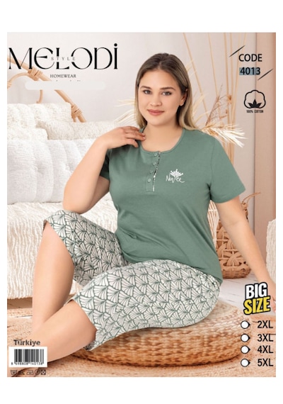 Melodi 4013 Kısa Kol %100 Pamuk Kapri Kadın Pijama Takımı V1 Yeşil