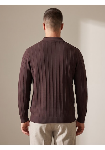 Maccali Erkek Koyu Kahve Fitil Detaylı Fermuarlı Polo Yaka Triko Sweatshirt