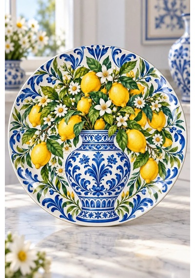 Dekoratif Duvar Tabağı Limonlu Akdeniz Desenleri Dekorlu Seramik Tabak Metalik
