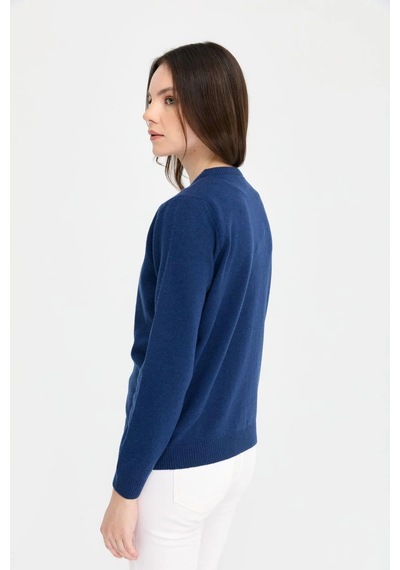 Desen Triko Kadın Sıfır Yaka Triko Yün Hırka 21031 Indigo Indigo