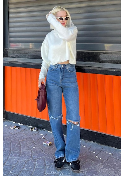 Madmext Krem Bisiklet Yaka Crop Kadın Kazak Mg2166 Krem
