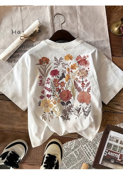 Flovers Baskılı Tasarım Tshirt Beyaz