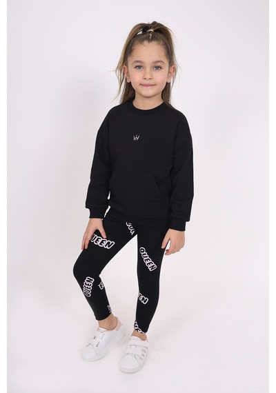 Toontoy Kız Çocuk 2'li Takım Baskılı Bisiklet Yaka Düşük Omuz Cepli Sweatshirt & Basic Düz Tayt Siyah Toontoy Kız Çocuk 2'li Takım Baskılı Bisiklet Yaka Düşük Omuz Cepli Sweatshirt & Basic Düz Tayt Siyah