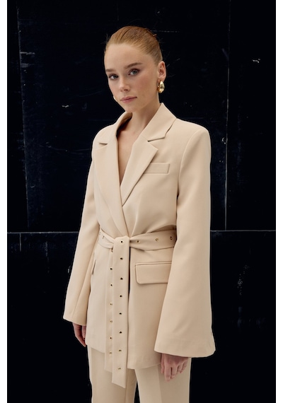 Sateen Serana Kuşak Detaylı Ceket - Bej-137073 Bej