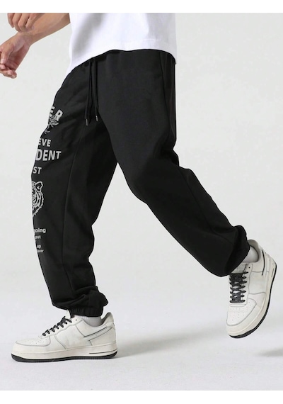 Hypemode Letter Tiger & Floral Graphic Drawstring Waist Eşofman Altı Siyah