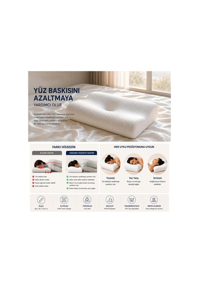 Yüzüstü Uyku Yastığı Nefes Alabilen Ergonomik Çift Taraflı Visco Yastık Genel
