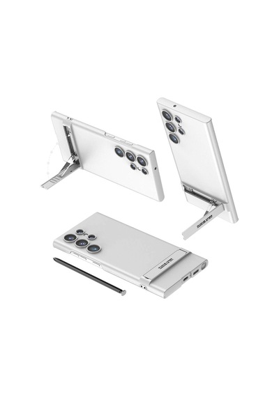 Galaxy Uyumlu S24 Ultra Kılıf Zore Kamera Korumalı Dikey Standlı Ays Kapak Gümüş