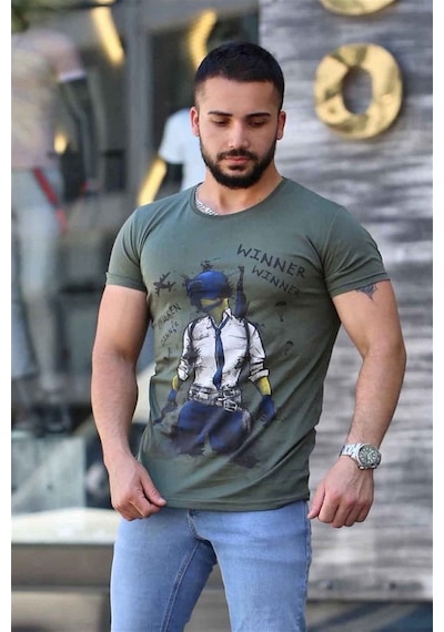 Madmext Baskılı Haki Tişört 4028