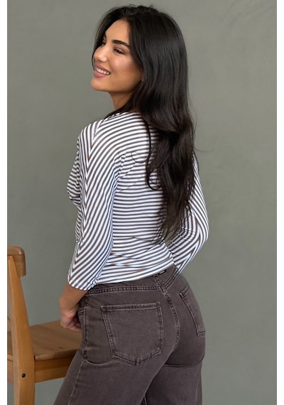 Madmext Kahverengi Çizgili V Yaka Slim Fit Kadın Bluz Mg2887