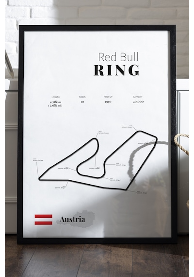 Red Bull Ring Formula 1 Siyah Ahşap Çerçeveli Poster, Dekoratif Harita Duvar Tablosu