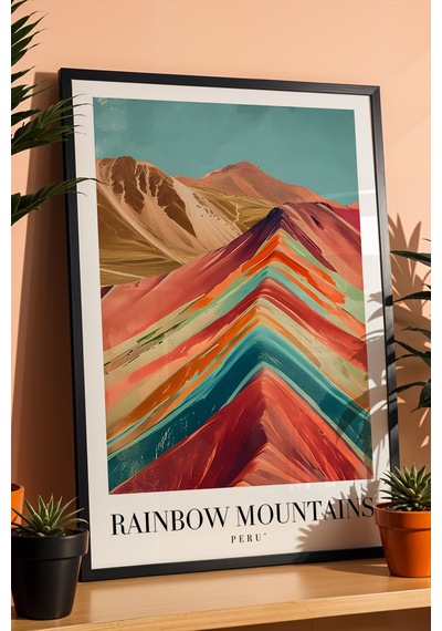Rainbow Mountains Peru Vintage Seyahat Posteri Çerçeveli Tablo - Premium Gökkuşağı Dağları Dekor Siyah