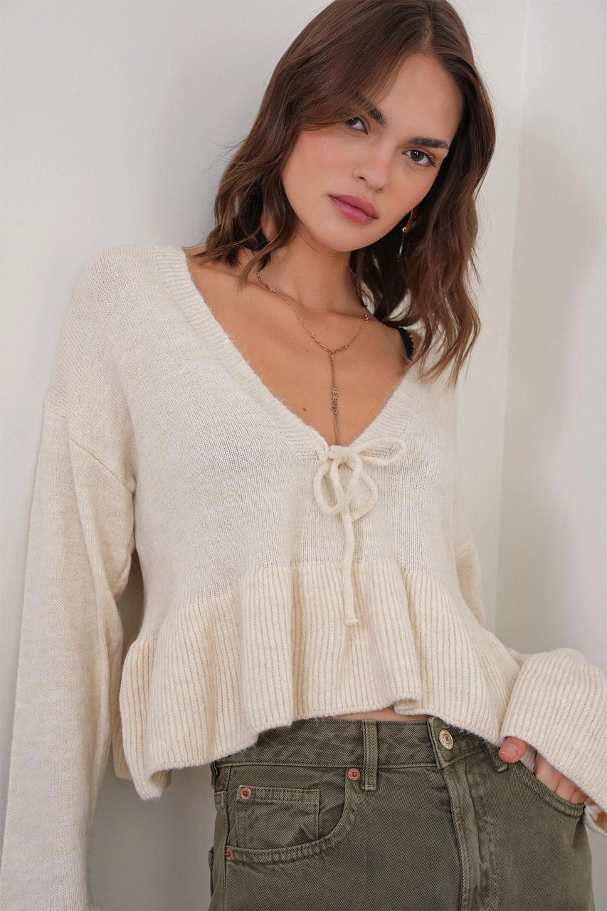 Mixray 6955 Kadın Fırfırlı Triko Kazak Naturel Naturel