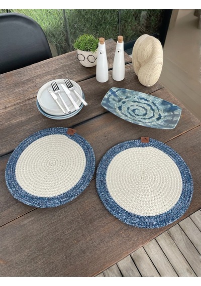 2 Kişilik Yuvarlak Amerikan Servis Leke Tutmaz - Supla Mavi/beyaz 33x33 Cm Beyaz/mavi