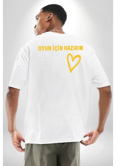 Oyun İçin Hazırım Kalp Beyaz Oversize Unisex Ön Ve Sırt Baskılı Tişört Beyaz