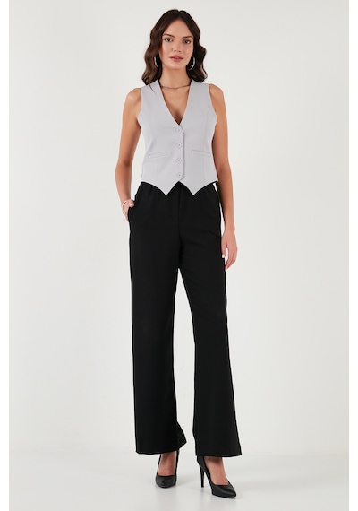 Lela Fitted Fit Düğmeli V Yaka Düğmeli Bayan Yelek 6696796 Açık Gri