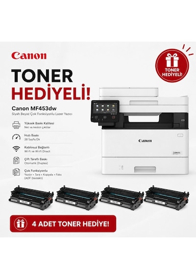 Canon İ-sensys Mf453dw Mono Wi-fi + Tarayıcı + Fotokopi Çok Fonksiyonlu Lazer Yazıcı + 4 Uyumlu Toner