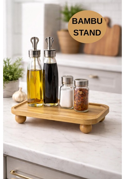 Bambu Sunumluk Stand Yağlık & Baharatlık Organizer, Tezgah Üstü Çok Amaçlı Bambu Stand Bambu