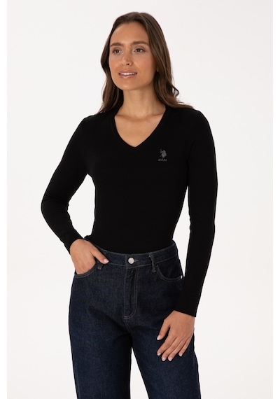 U.S. Polo Assn. Kadın Siyah Basic V Yaka Kazak 50307712-VR046