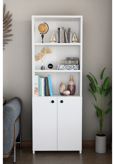 Kapaklı Çok Amaçlı Salon Dolabı 150x50x22 Cm Raflı Kitaplık Dekoratif Depolama Ünitesi Beyaz