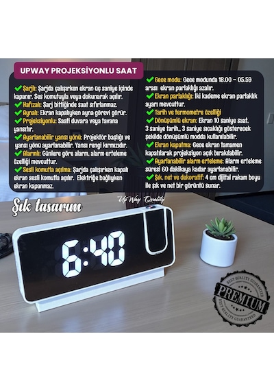 Upway Projektörlü Aynalı Alarmlı Şarjlı Dijital Masa Saati - Şık Dekoratif Fonksiyonel Beyaz