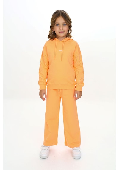 Toontoy Kids Toontoy Kız Çocuk 2'li Takım Kolu Baskılı Kapüşonlu Yırtmaçlı Sweatshirt & Beli Lastikli Bol Paça Eşofman Altı - 2 İplik Turuncu