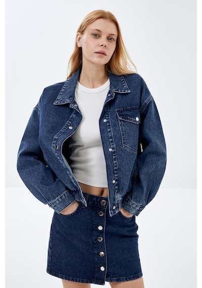 Koyu Mavi Cep Detaylı Denim Bomber Ceket-koyu Mavi Koyu Mavi