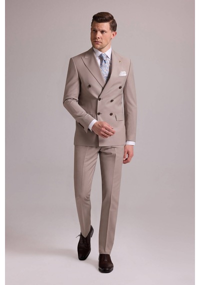 Erkek Krem Slim Fit Kruvaze %100 Yün Takım Elbise