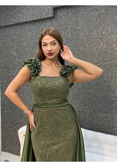 E&a Eren Abiye Olive Kalın Askılı Incı Islemelı Pelerınlı Balık Abıye Haki