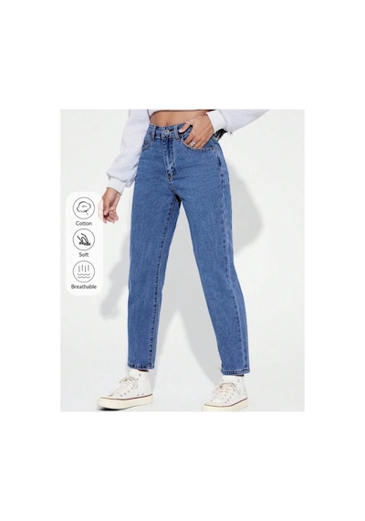 Kene Jeans Yüksek Bel Tam Kalıp Mom Jeans Mavi