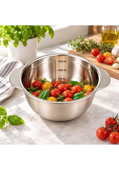 Paslanmaz Çelik 1500 Ml Ölçülü Kap 23 Cm, İç Ölçek Çizgili 1,5 Litre Karıştırma Ve Hazırlık Kabı, Çift Yan Tutamaçlı Mutfak Ölçü Kabı Çok Renkli