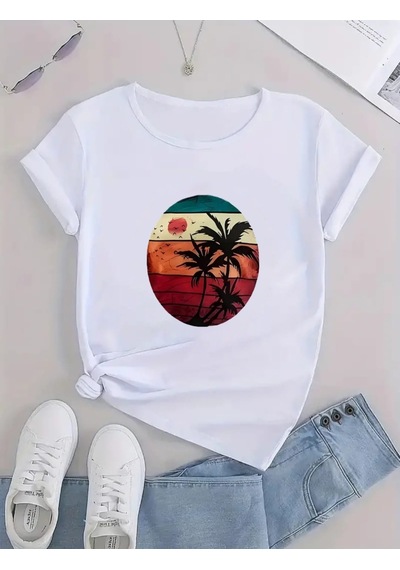 Periliçekeçe Kadın Kısa Kollu Palmiye Baskılı Viskon T-shirt Beyaz