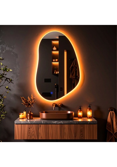 Nelyos Amber Led'li Lazer Kumlamalı Lavabo & Banyo Aynası Dokunmatik Sensörlü 100 X 65 Cm Turuncu