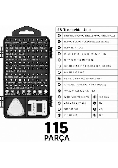 115 Parça Hassas Tornavida Seti Manyetik Uçlu Telefon Laptop Bilgisayar Elektronik Tamir Kiti